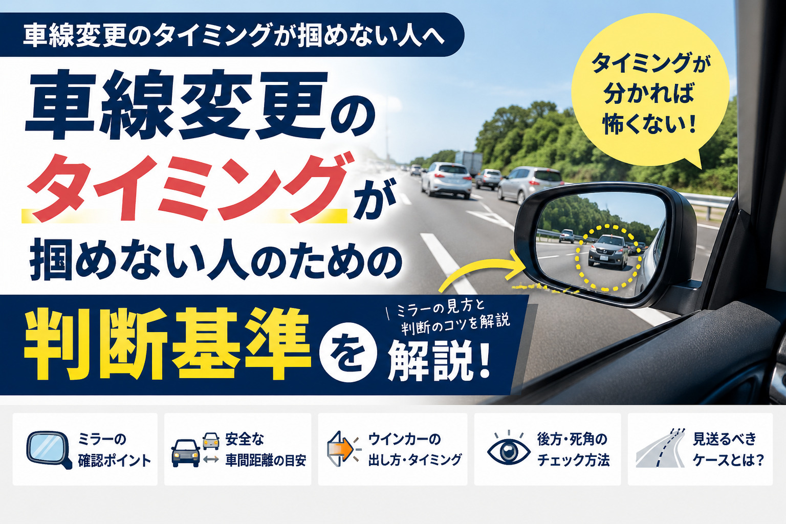 <p>運転初心者やペーパードライバーが苦手に感じやすい操作のひとつが車線変更です。隣の車線を走る車との距離が分からず、入ろうとした瞬間に後続車が近づいてきたり、タイミングを待ちすぎて目的の交差点や出口を通り過ぎたりすることもあります。 車線変更は、運転センスや思い切りだけで行うものではありません。確認する順番と判断基準を決めておけば、焦らず安全に動けるようになります。 この記事では、車線変更のタイミング [&hellip;]</p>
