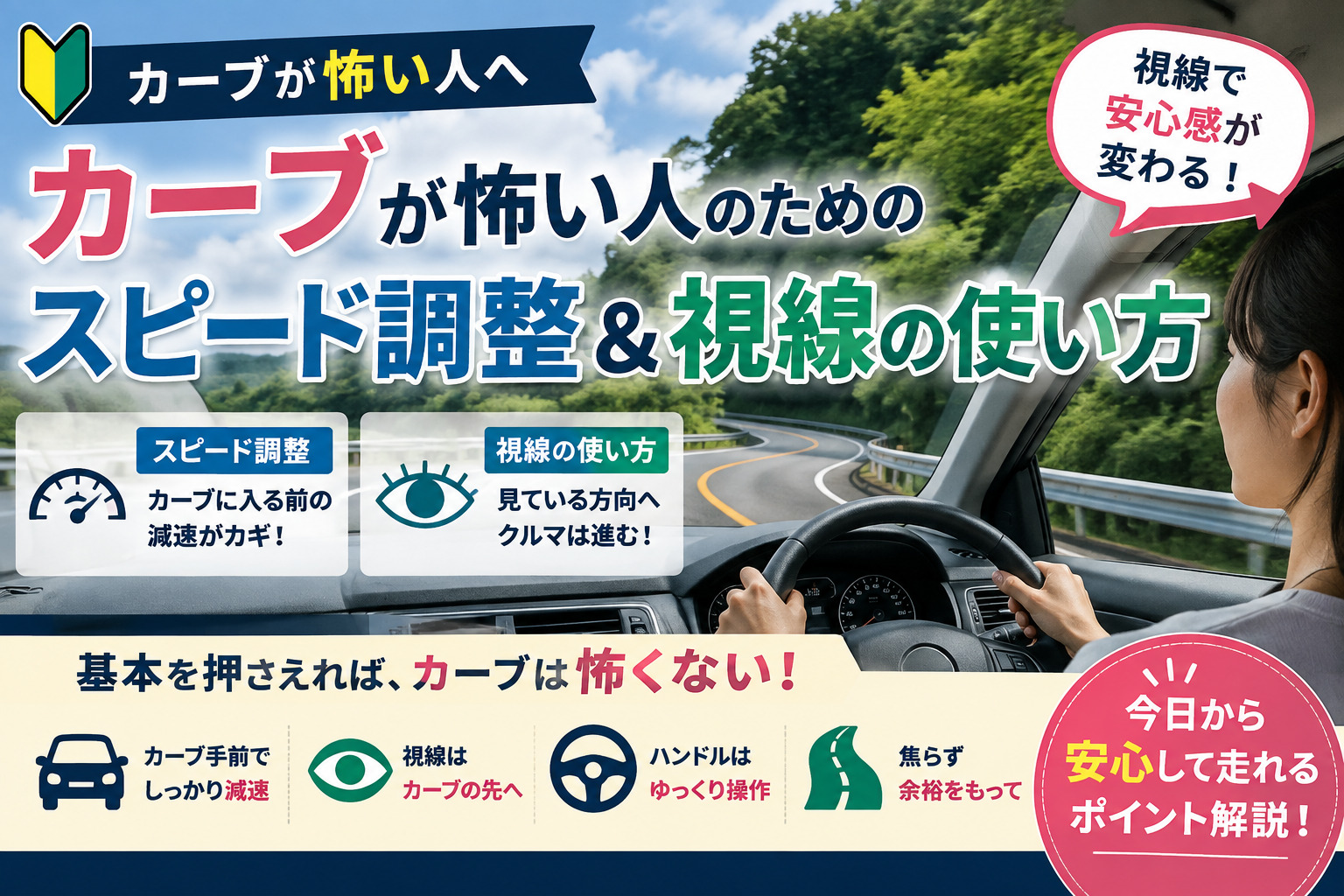 <p>カーブが怖い人のためのスピード調整＆視線の使い方 運転初心者やペーパードライバーの方にとって、カーブは緊張しやすい場面のひとつです。ハンドルをどれくらい切ればいいのか分からない、対向車に近づきそうで怖い、曲がっている途中でスピードが出てしまうなど、不安の感じ方はさまざまです。 ただし、カーブを安全に走るために必要なのは、特別な運転センスではありません。大切なのは、カーブに入る前のスピード調整と、進 [&hellip;]</p>

